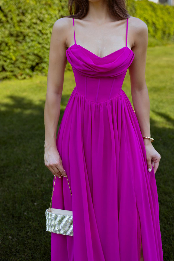 Göğüs Balenli Şifon Abiye - FUŞYA