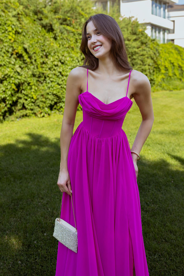 Göğüs Balenli Şifon Abiye - FUŞYA