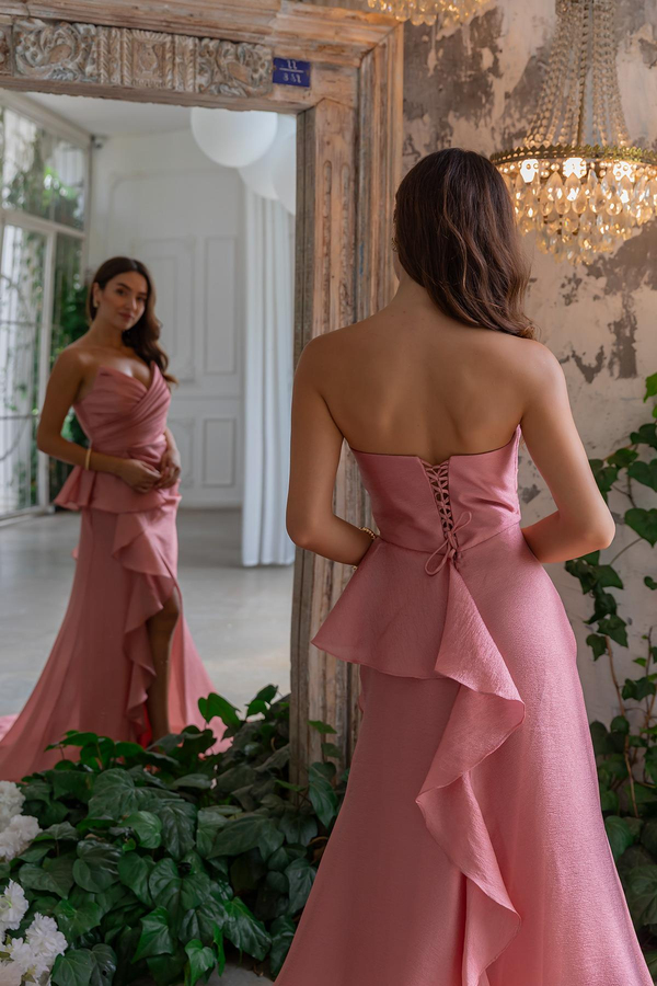 Göğüs Drapeli Uzun Abiye - PEMBE
