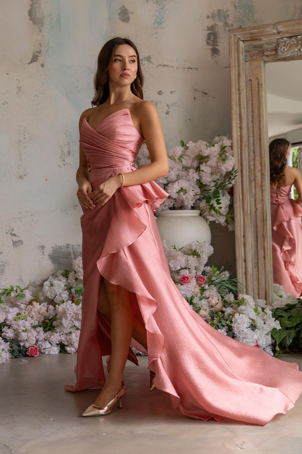 Göğüs Drapeli Uzun Abiye - PEMBE