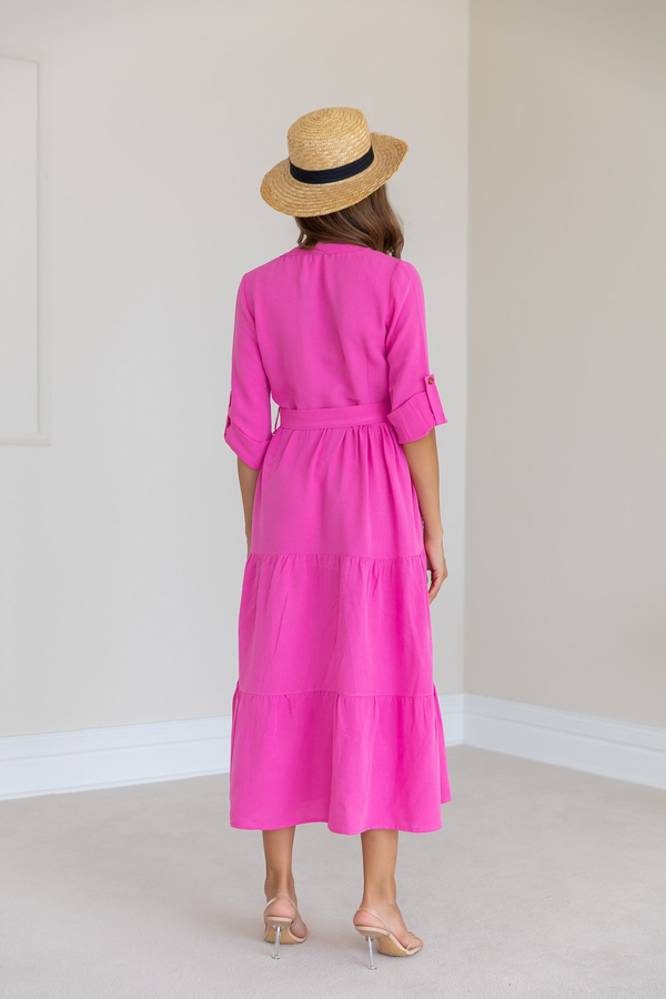Göğüs Nakışlı Düğmeli Elbise - PEMBE
