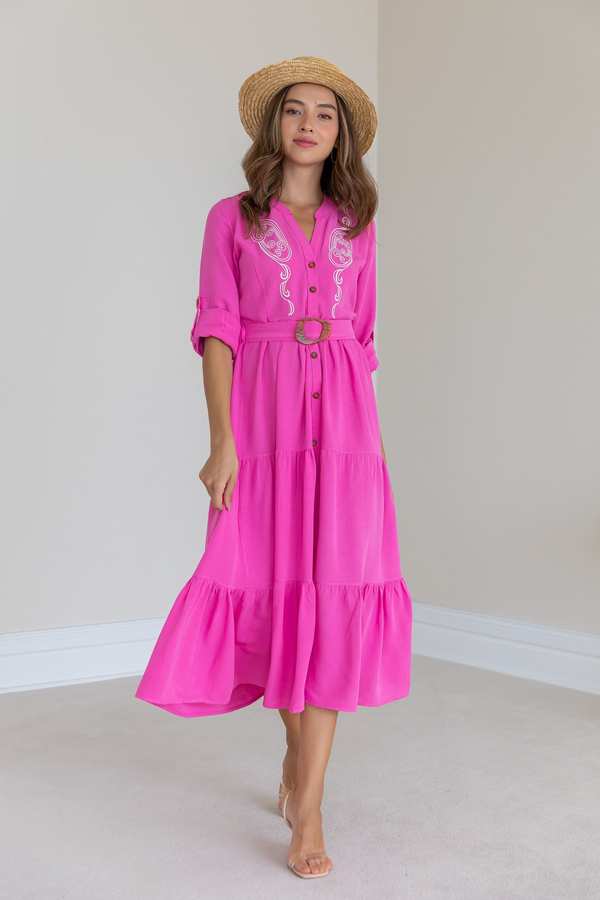 Göğüs Nakışlı Düğmeli Elbise - PEMBE