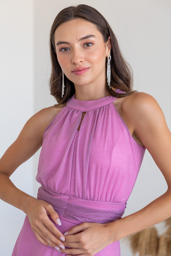 Göğüs Pencere Simli Abiye - PEMBE