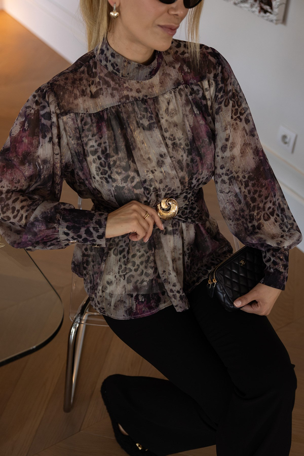 Gold Broş Desenli Şifon Bluz - VİZON