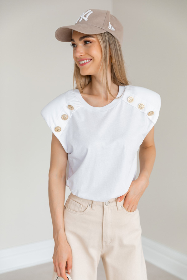 Gold Düğme Detay T-Shirt - BEYAZ