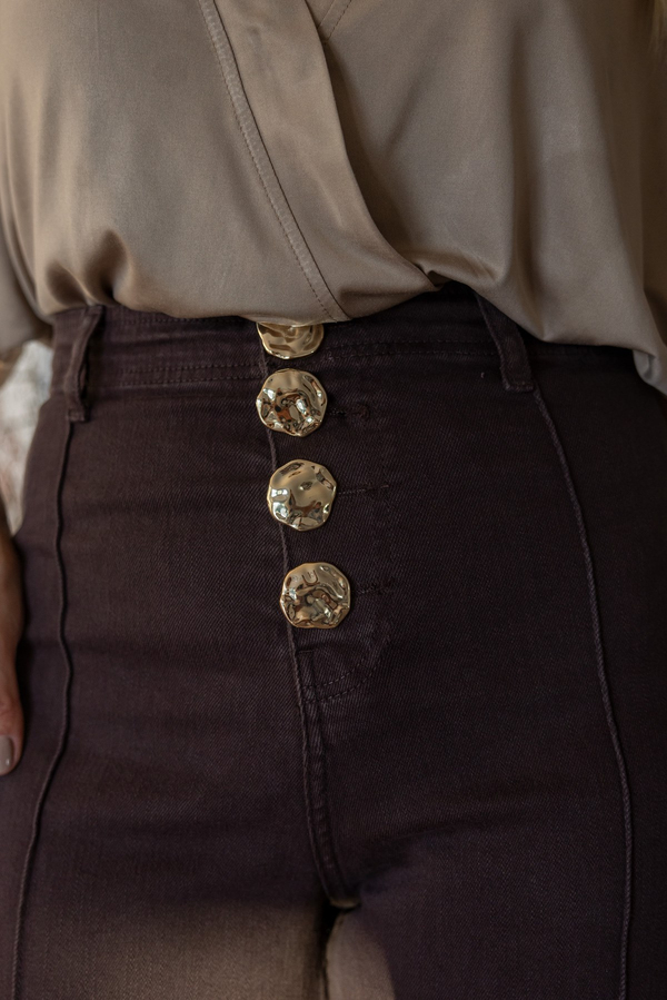 Gold Düğme Dikiş Detaylı Pantolon - KAHVERENGİ