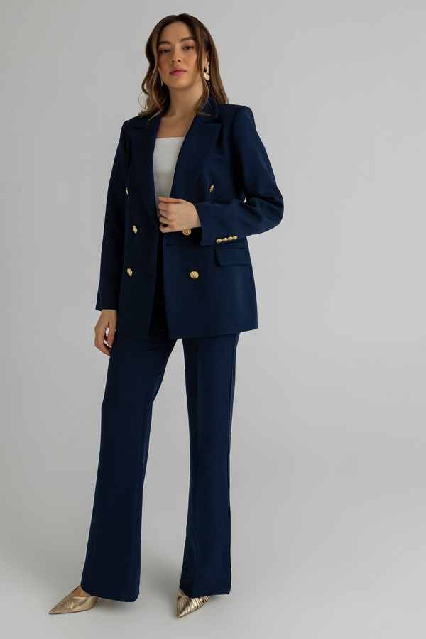 Gold Düğmeli Blazer Takım - LACİVERT