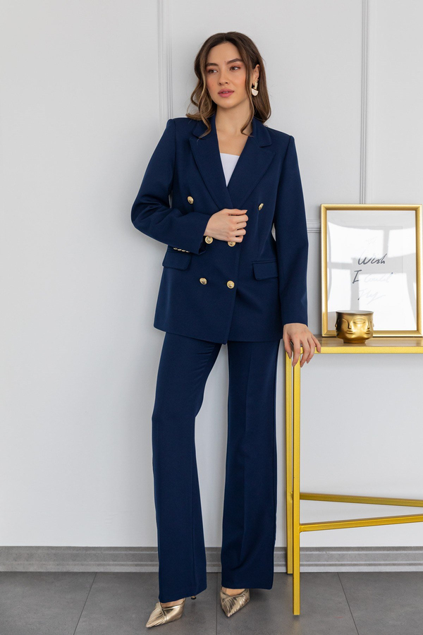 Gold Düğmeli Blazer Takım - LACİVERT