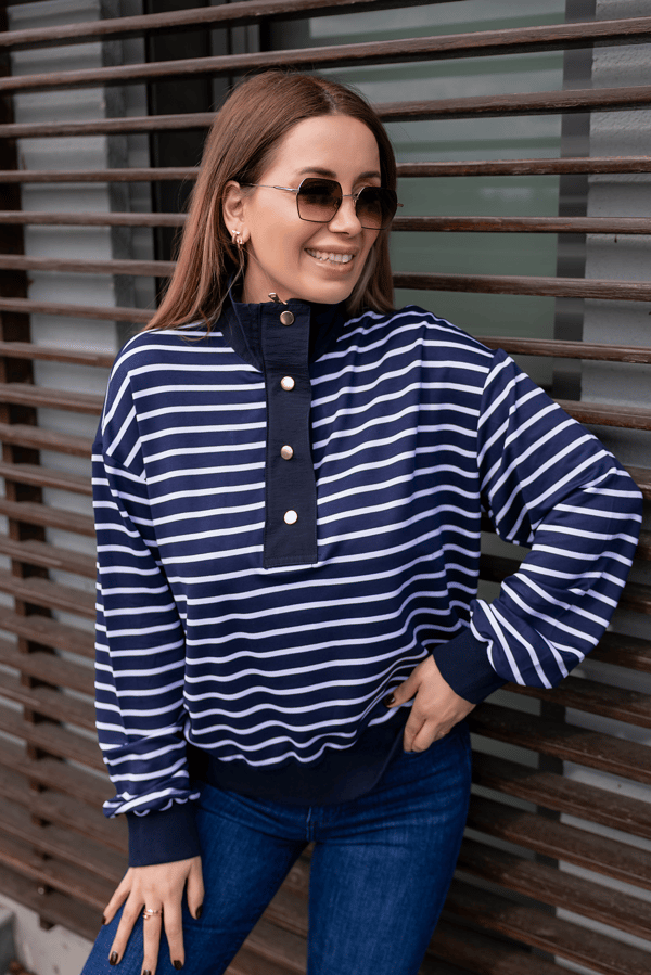 Gold Düğmeli Çizgili Sweat - LACİVERT