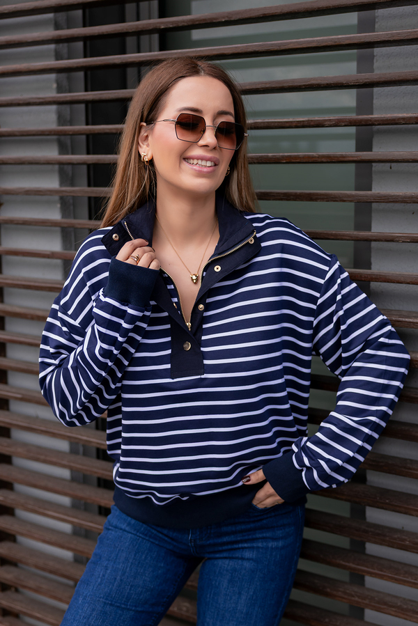 Gold Düğmeli Çizgili Sweat - LACİVERT