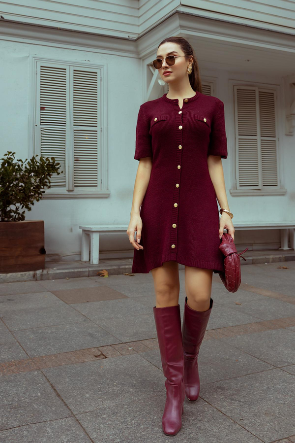 Gold Düğmeli Mini Triko Elbise - BORDO