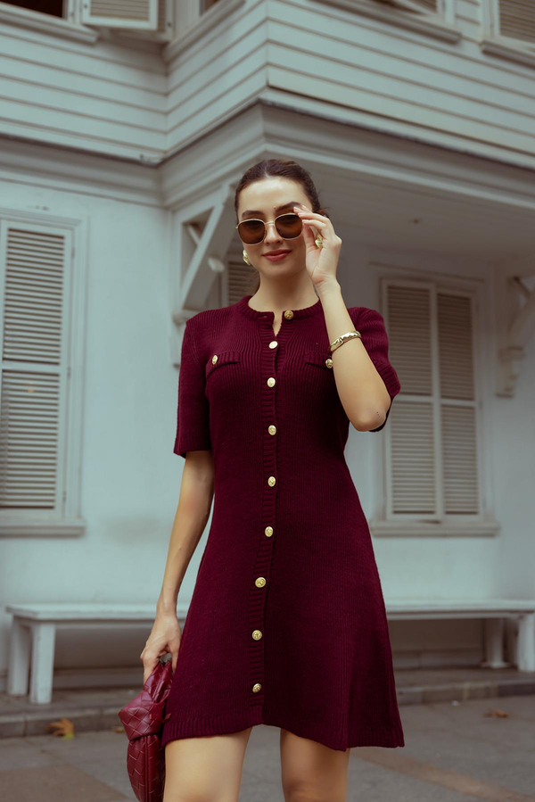 Gold Düğmeli Mini Triko Elbise - BORDO