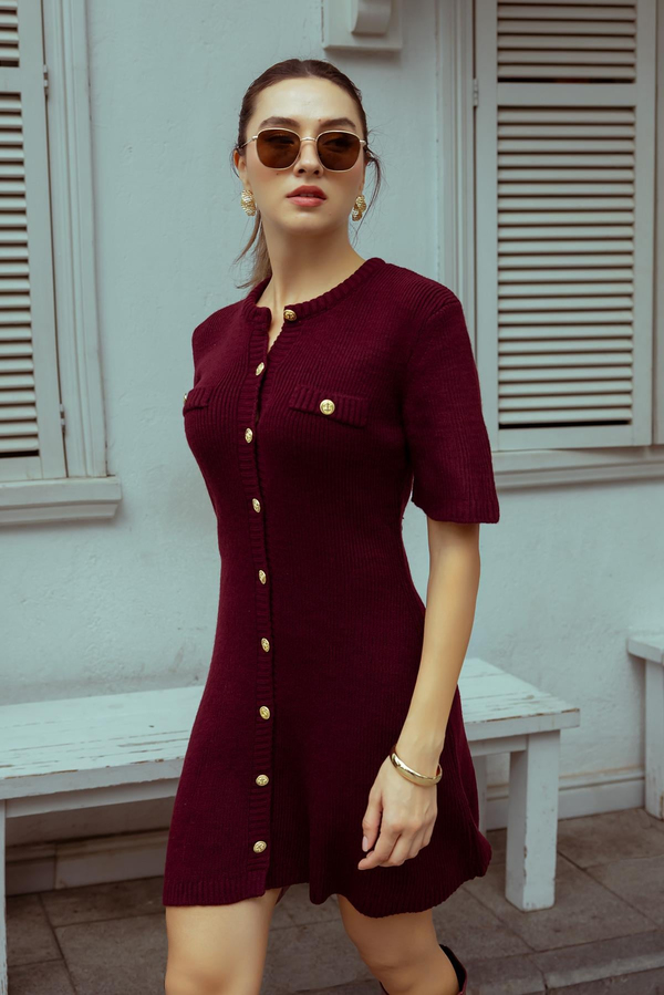 Gold Düğmeli Mini Triko Elbise - BORDO