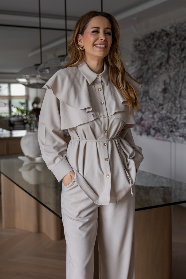 Gold Düğmeli Pelerin Detay Takım - BEJ