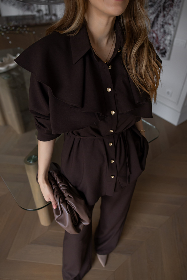 Gold Düğmeli Pelerin Detay Takım - KAHVERENGİ