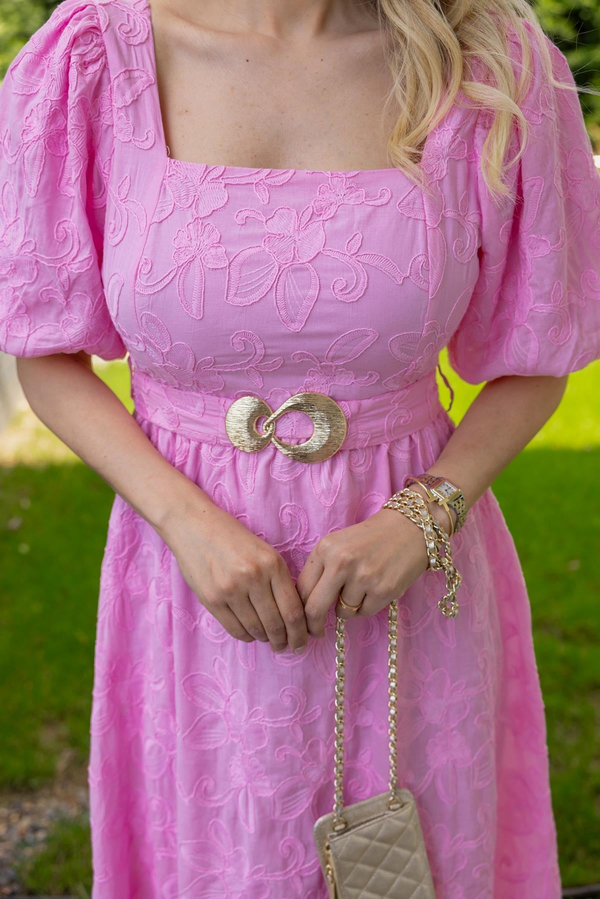 Gold Kemerli Fisto Elbise - PEMBE