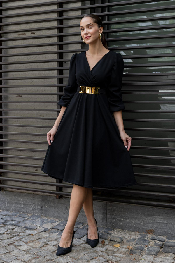 Gold Kemerli Midi Elbise - SİYAH
