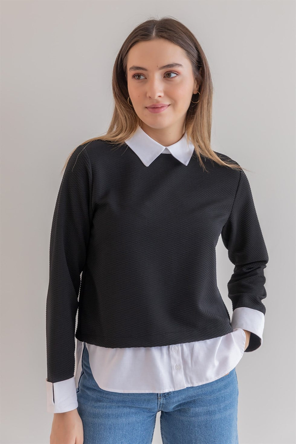 Gömlek Garnili Triko Sweat - SİYAH