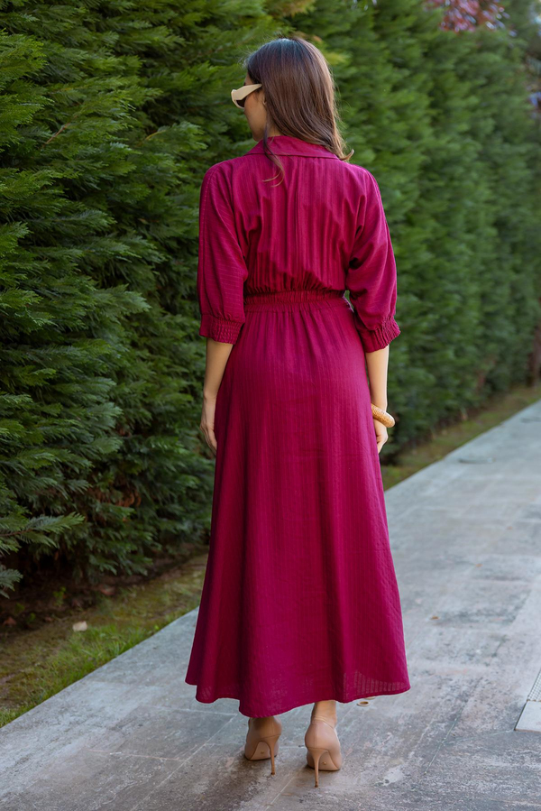 Gömlek Yaka Maxi Elbise - BORDO
