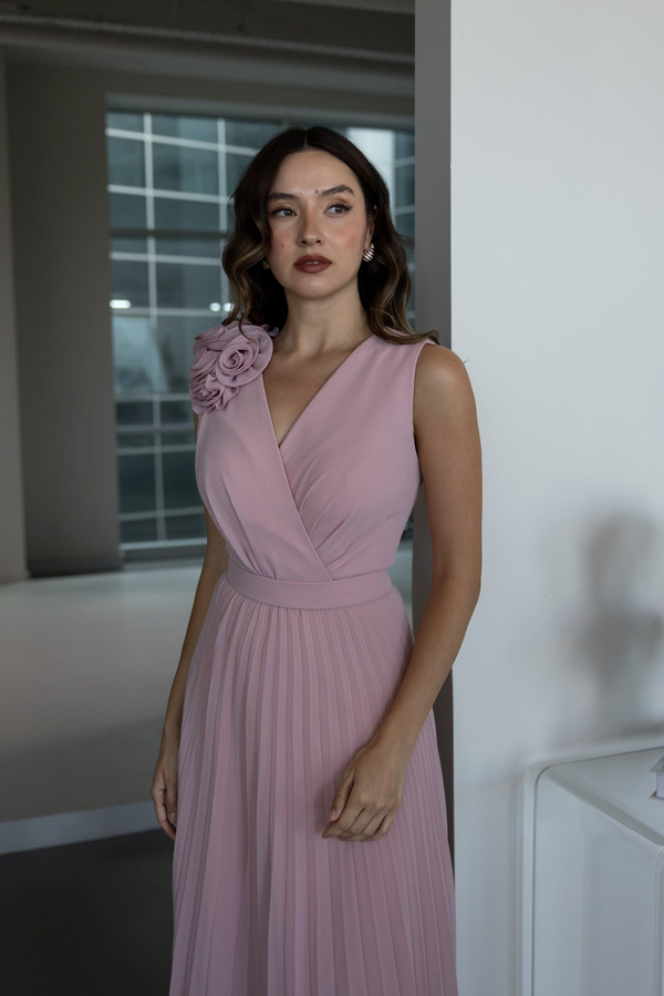 Gül Broşlu Piliseli Abiye - PEMBE