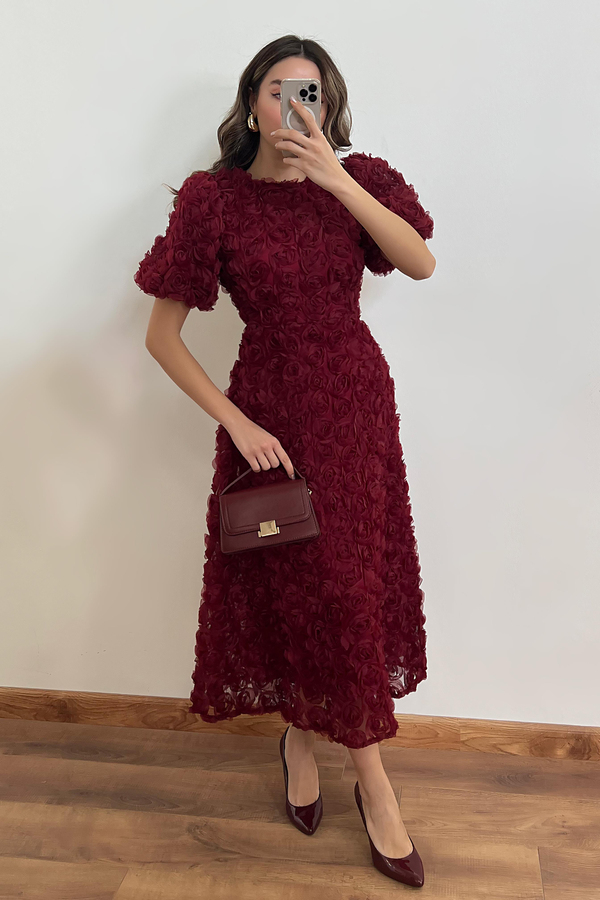 Gül Tasarımlı Elbise - BORDO