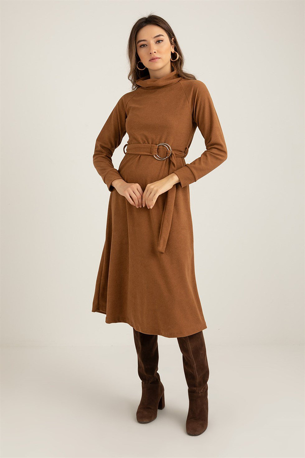 Halka Toka Kemerli Elbise - CAMEL