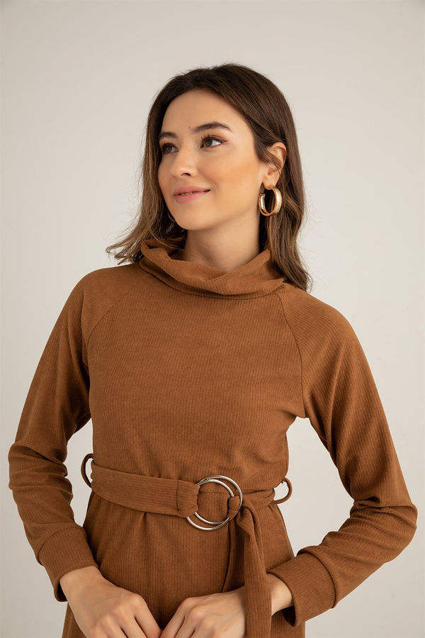 Halka Toka Kemerli Elbise - CAMEL