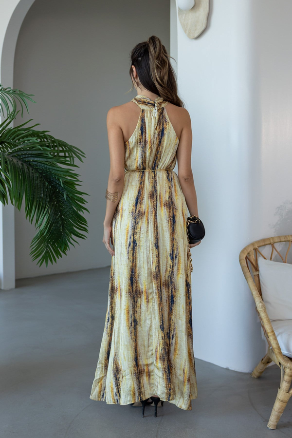 Halter Yaka Baskılı Elbise - SARI