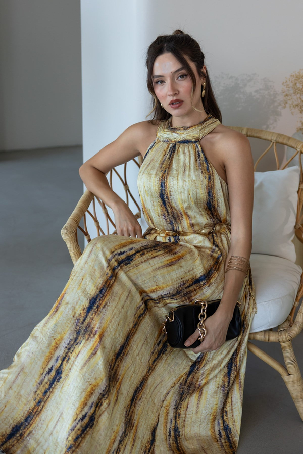 Halter Yaka Baskılı Elbise - SARI