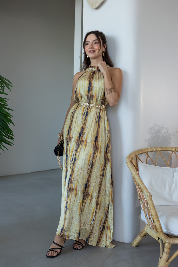 Halter Yaka Baskılı Elbise - SARI