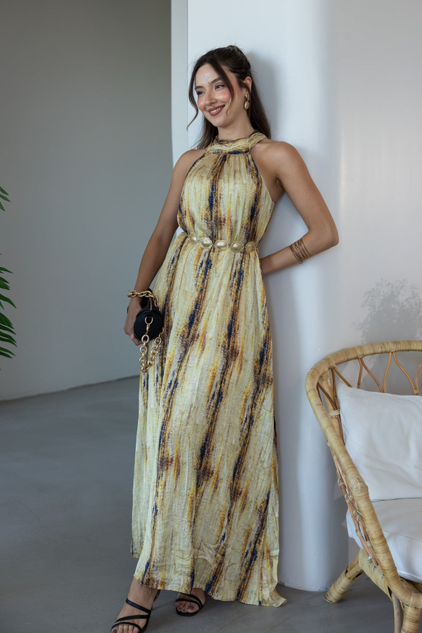 Halter Yaka Baskılı Elbise - SARI