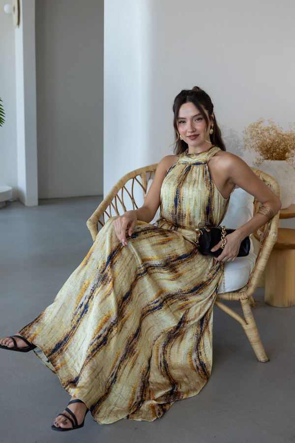 Halter Yaka Baskılı Elbise - SARI