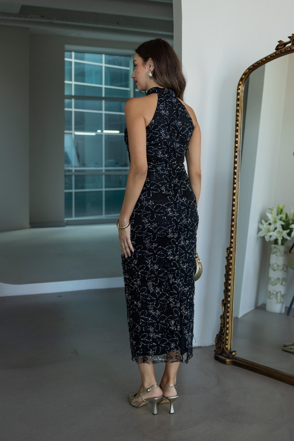 Halter Yaka Çiçekli Elbise - SİYAH