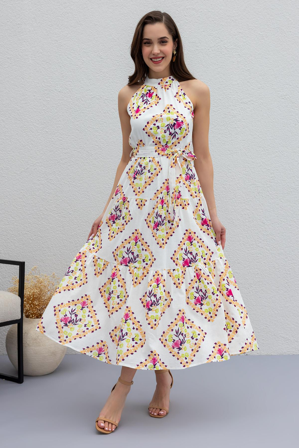 Halter Yaka Desenli Elbise - PEMBE
