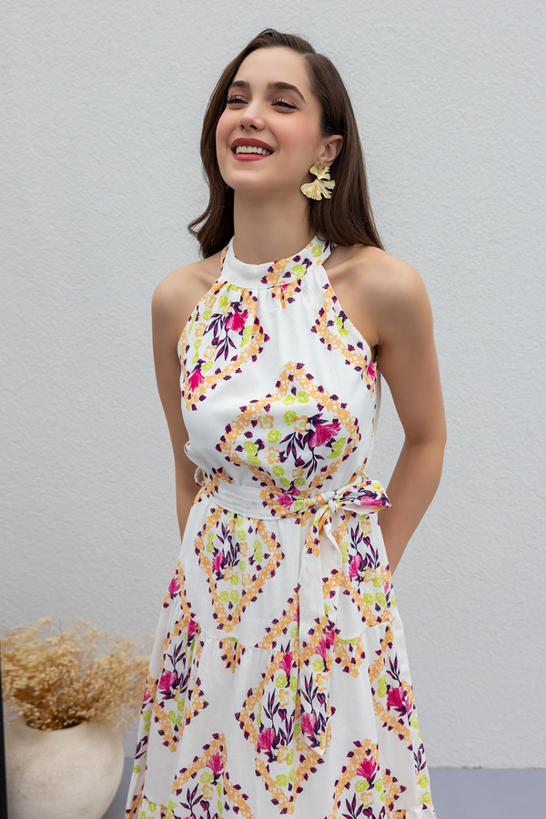 Halter Yaka Desenli Elbise - PEMBE