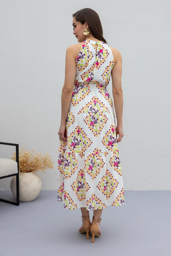 Halter Yaka Desenli Elbise - PEMBE