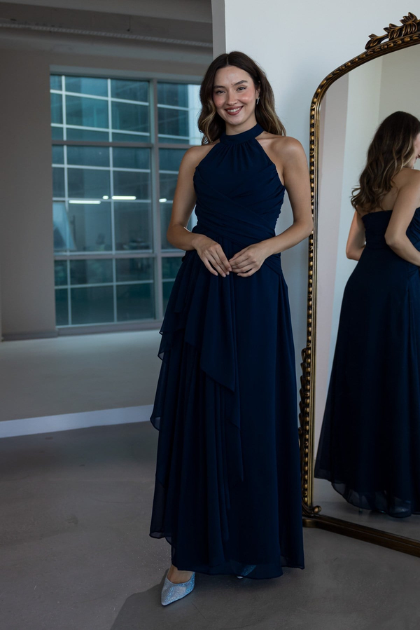 Halter Yaka Drape Detaylı Abiye - LACİVERT