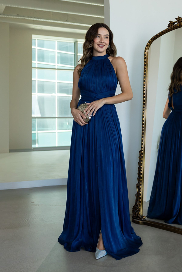 Halter Yaka Drape Detaylı Abiye - LACİVERT