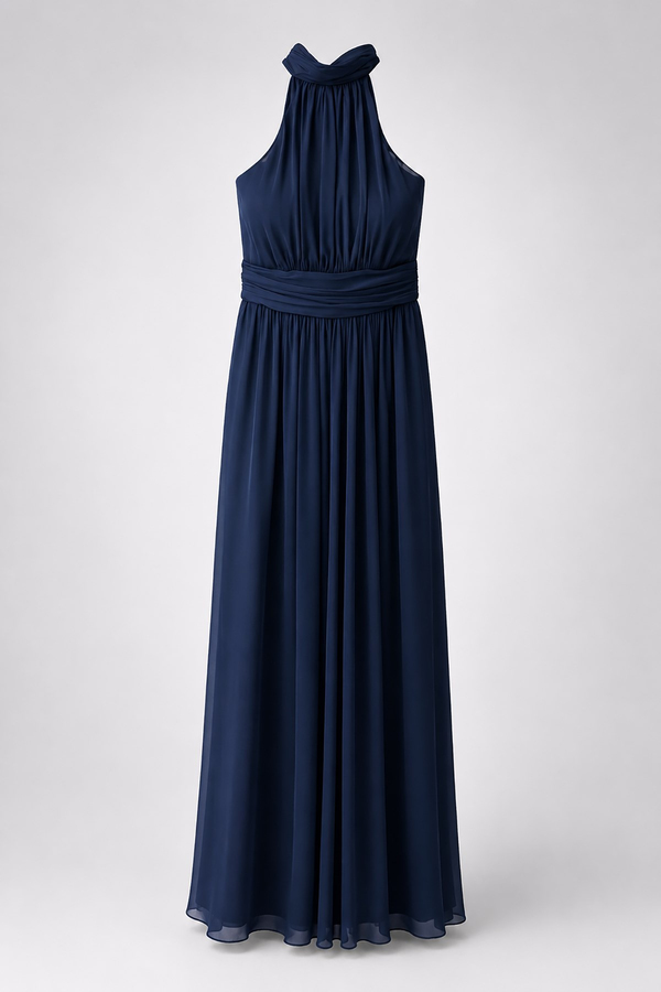 Halter Yaka Drapeli Şifon Elbise - LACİVERT