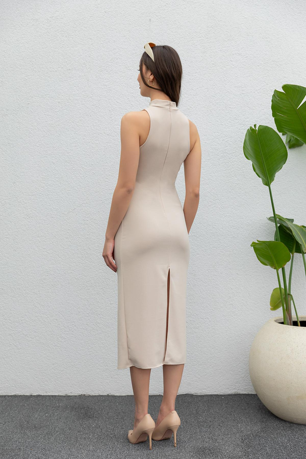 Halter Yaka Midi Elbise - BEJ