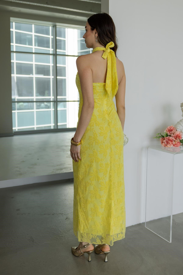 Halter Yaka Parıltılı Elbise - SARI