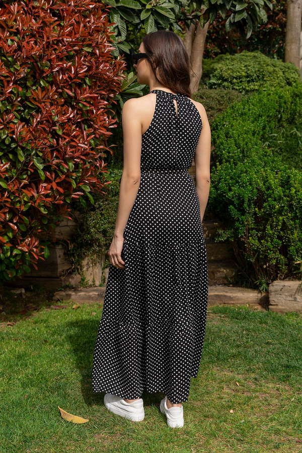 Halter Yaka Puantiyeli Elbise - SİYAH