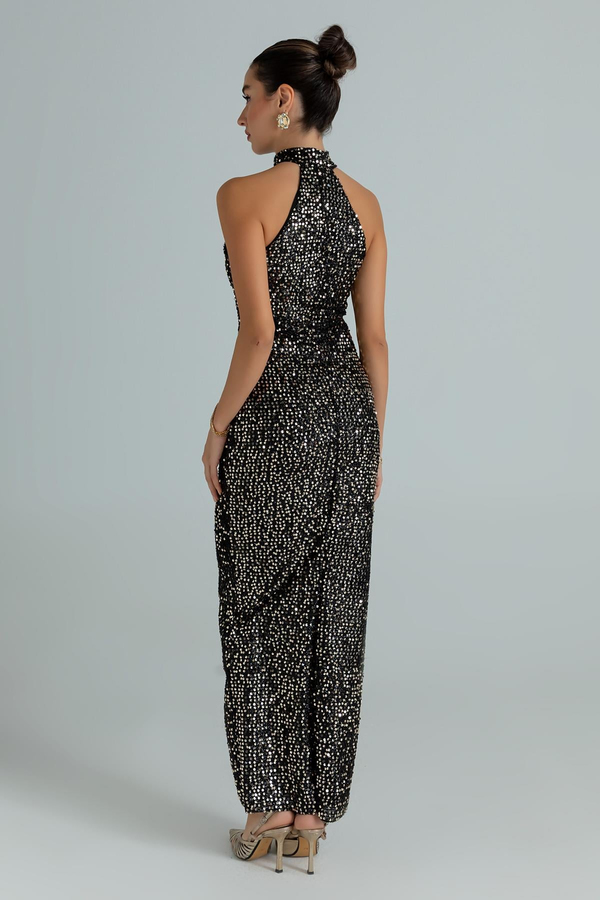 Halter Yaka Pullu Abiye - GOLD