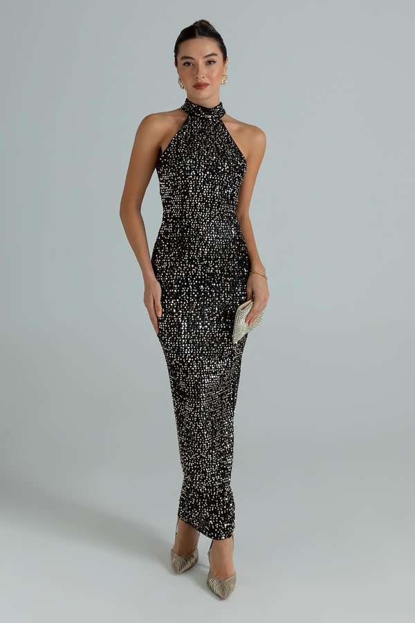 Halter Yaka Pullu Abiye - GOLD