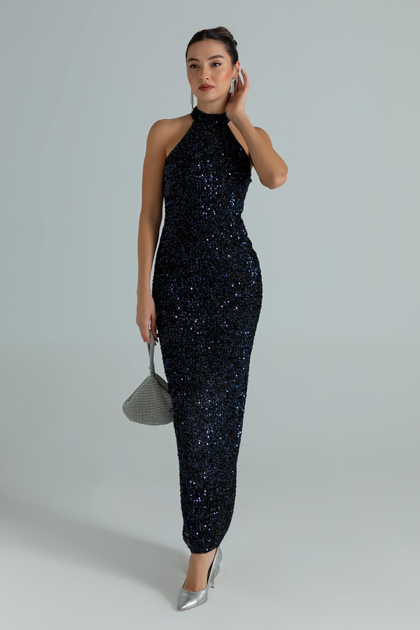 Halter Yaka Pullu Abiye - LACİVERT