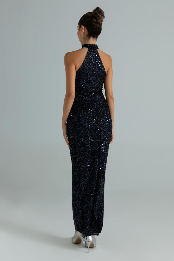 Halter Yaka Pullu Abiye - LACİVERT
