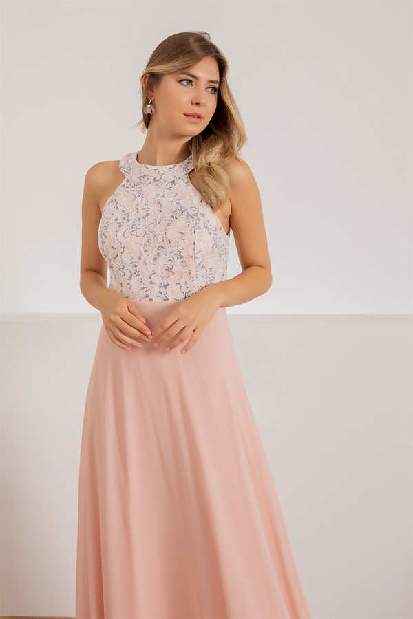 Halter Yaka Şifon Uzun Abiye - PUDRA