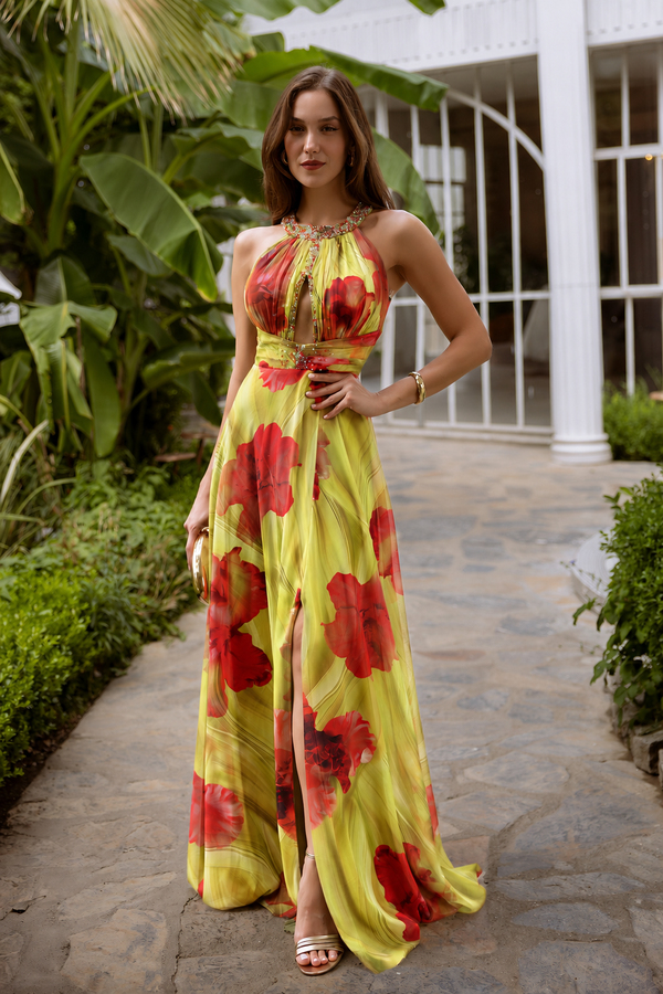 Halter Yaka Tül Abiye - SARI