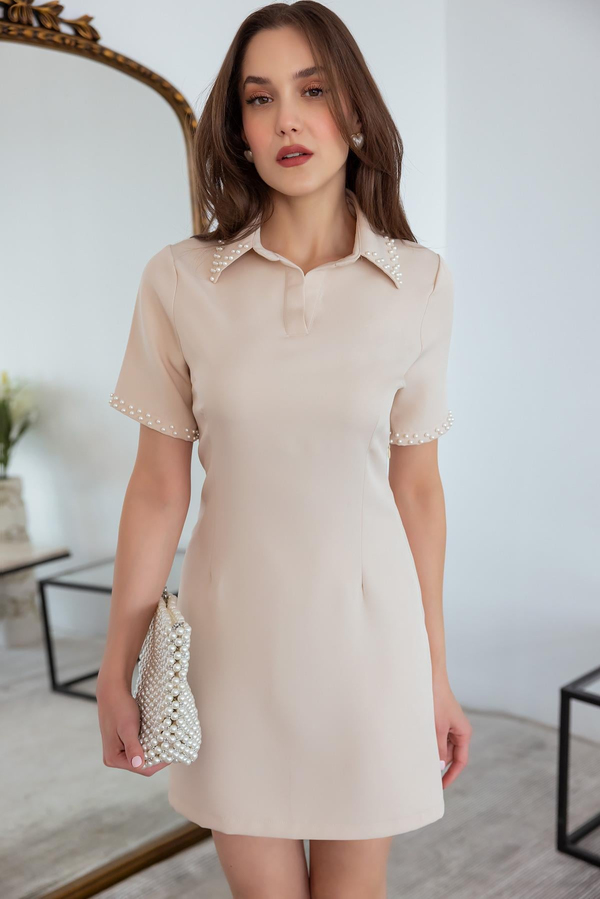 İnci Baskılı Mini Elbise - KREM