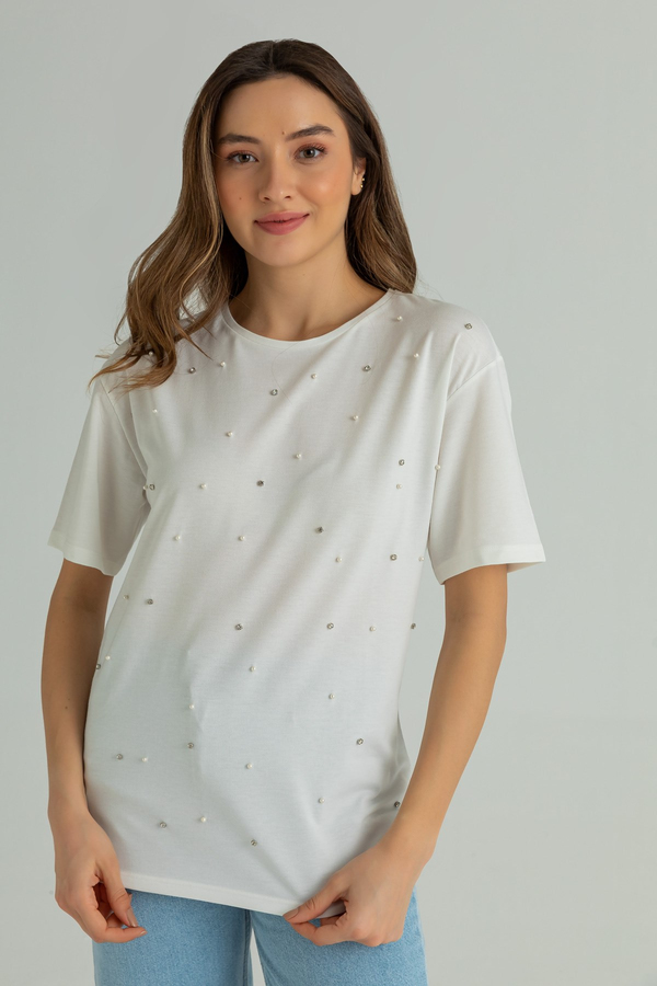 İnci Taş İşlemeli T-Shirt - BEYAZ